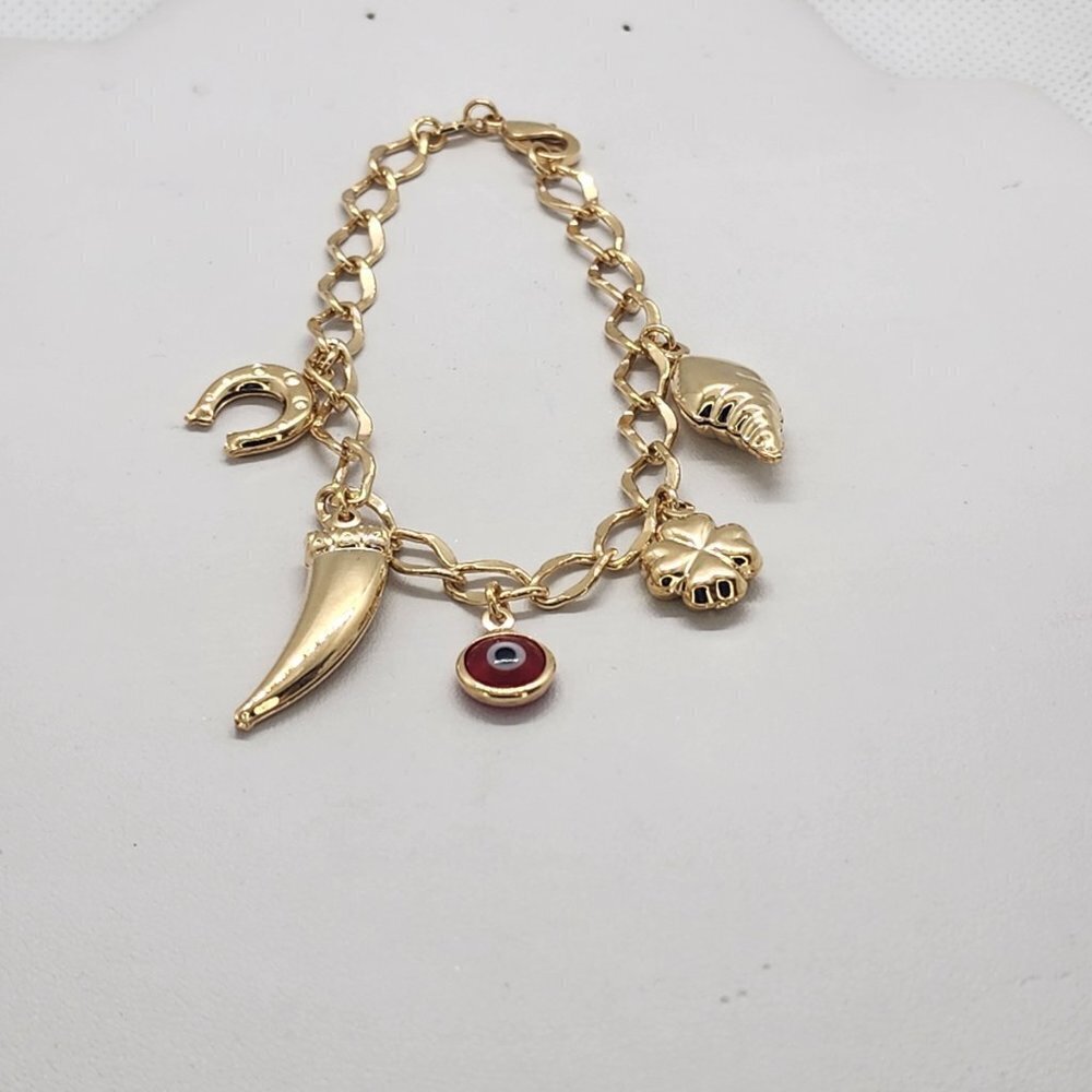Brand New Brazilain 18k Gold filled Red Evil Eye Multi Charms Bracelet - Picture 3 of 5
